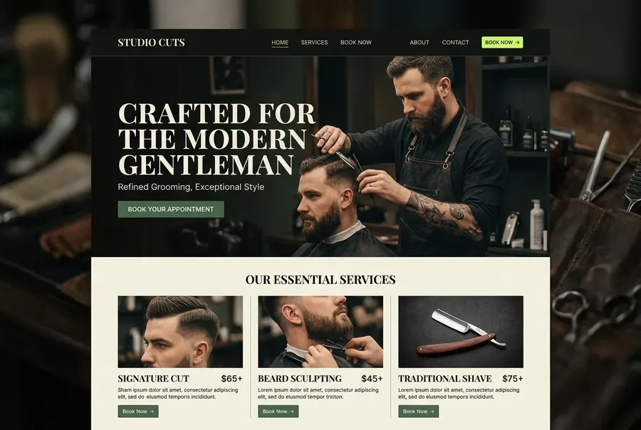 Barber shop website mockup with a dark editorial hero and booking-focused service layout