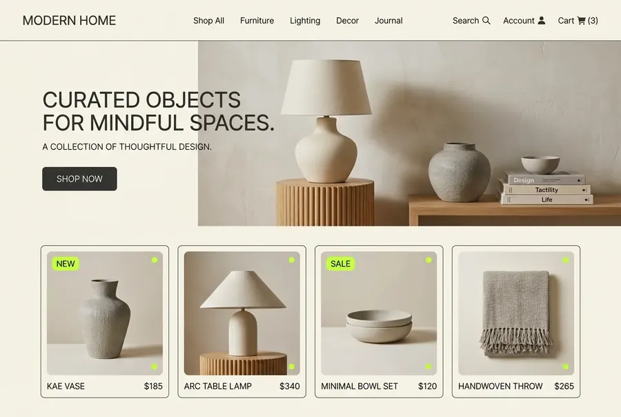 E-commerce website mockup for a modern home-goods shop with product cards
