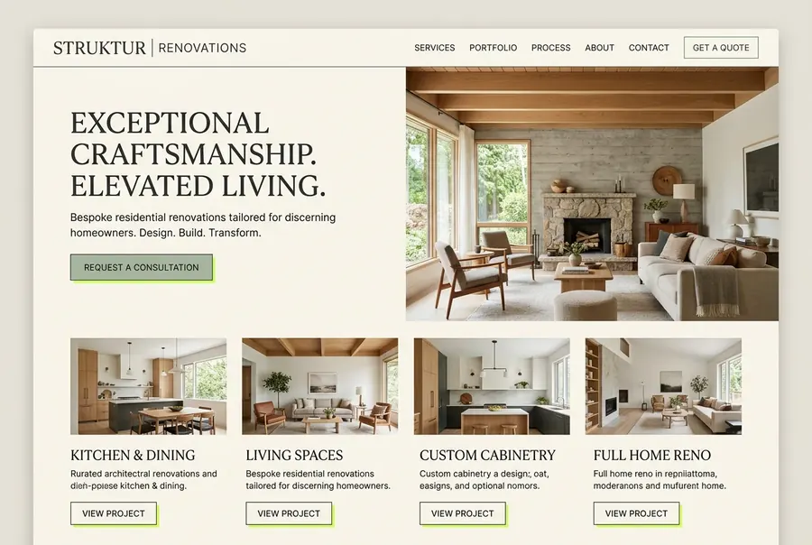 Renovation contractor website mockup with a warm interior and project showcase